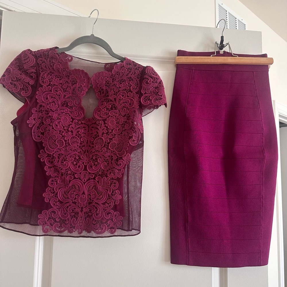 Karen Millen Burgundy Lace Mesh Top and Pencil Skirt Set